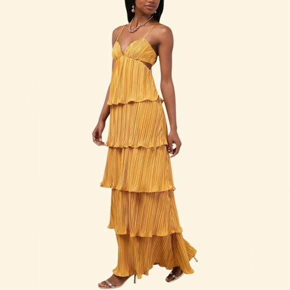 Lulus Dresses & Skirts - Lulu's Kanya Marigold Yellow Satin Plisse Tiered Maxi Dress